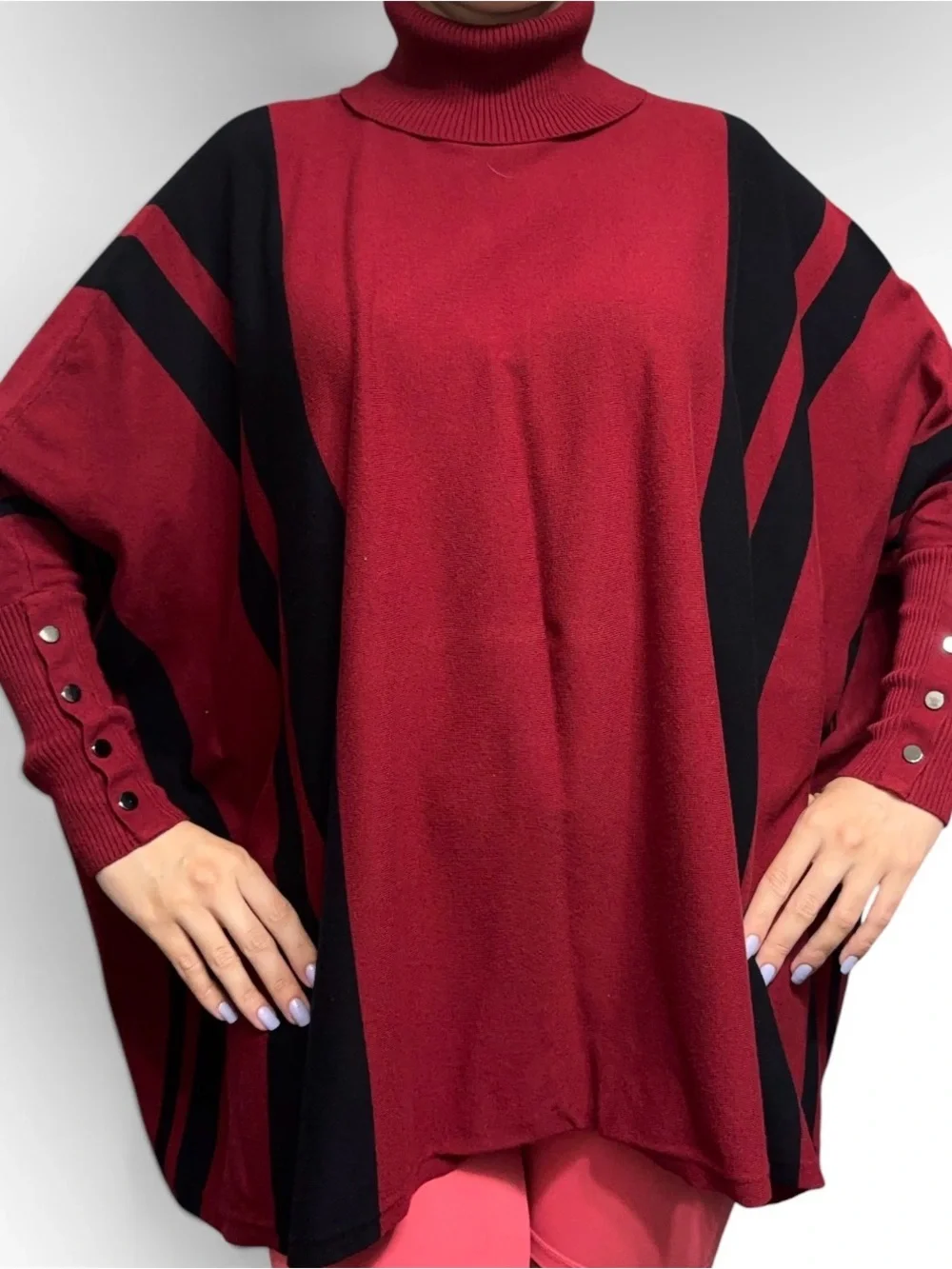 Woman’s Red and Black Turtleneck Poncho Sweater